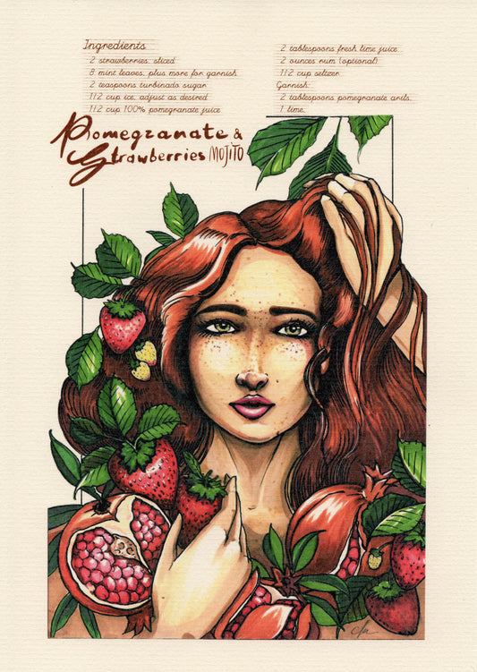 Pomegranate & Strawberries Mojito Art Print