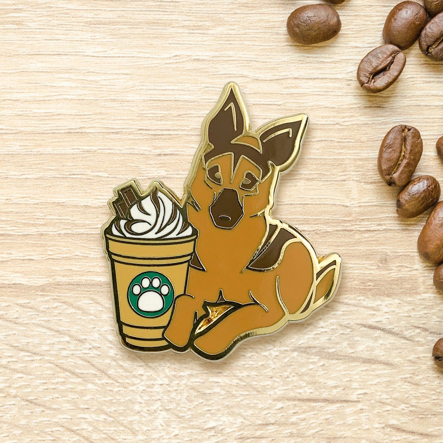 German Shepherd & Mocha Frappe Coffee Hard Enamel Pin by Cocktail Critters