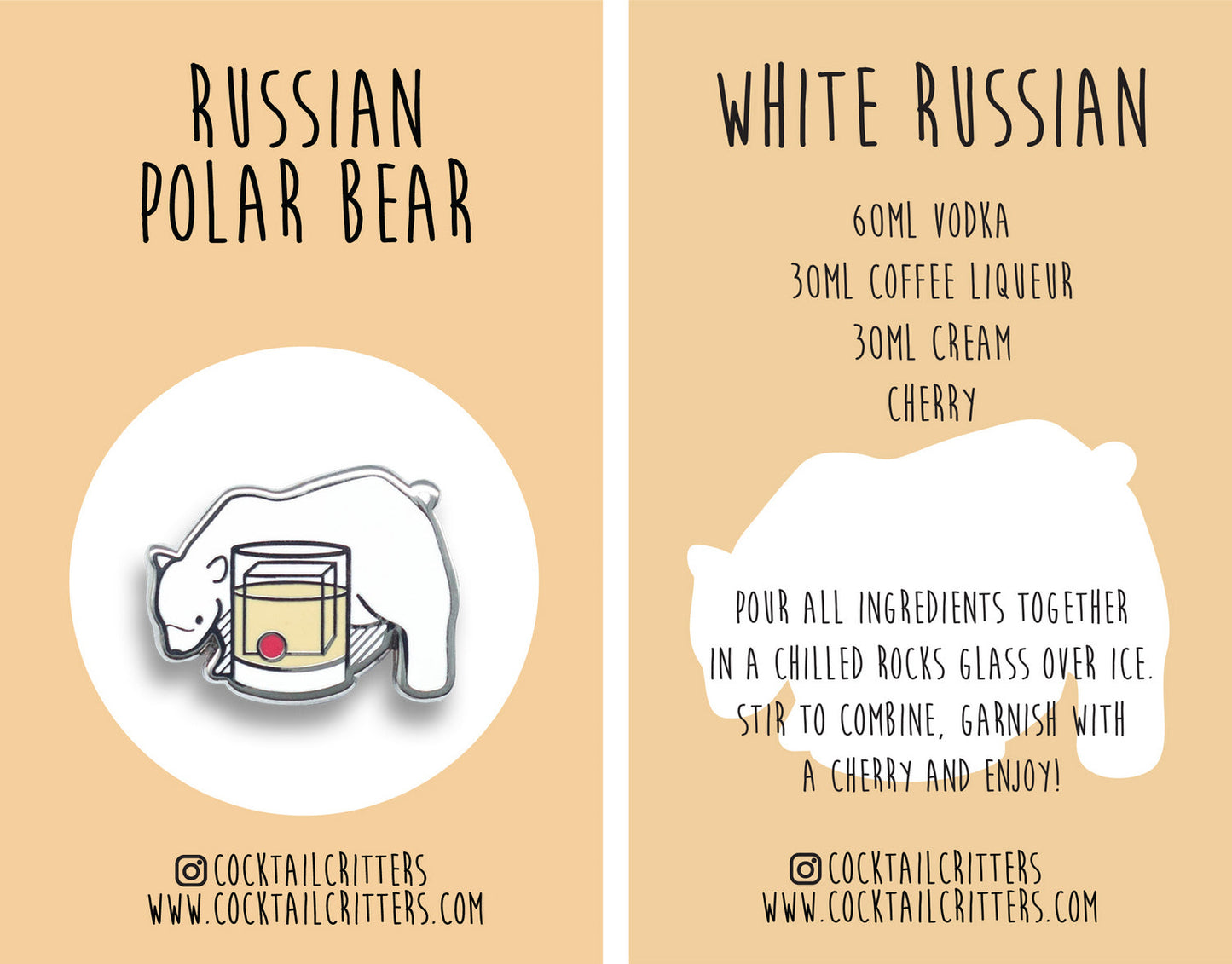 Polar Bear and White Russian Cocktail Hard Enamel Pin by Cocktail Critters