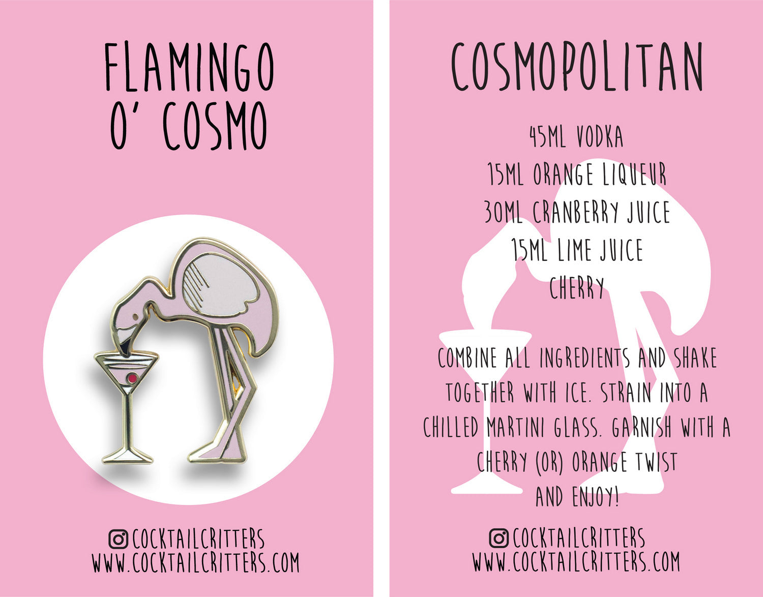 Flamingo and Cosmopolitan Cocktail Hard Enamel Pin by Cocktail Critters