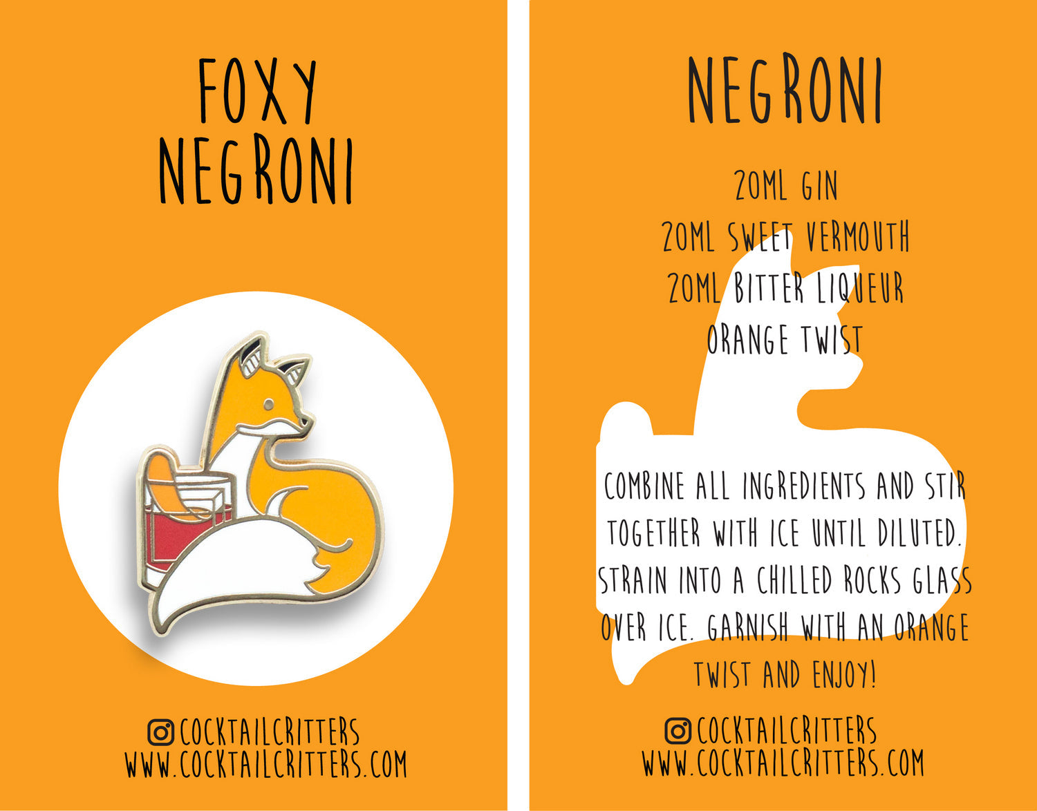 Fox and Negroni Cocktail Hard Enamel Pin by Cocktail Critters