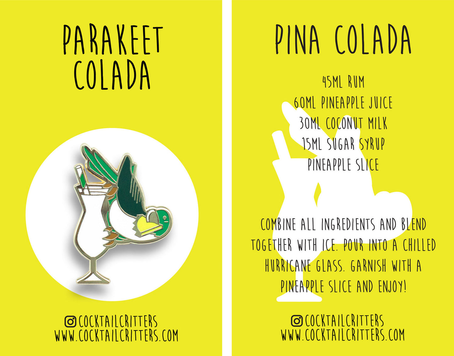 Parakeet and Pina Colada Cocktail Hard Enamel Pin by Cocktail Critters