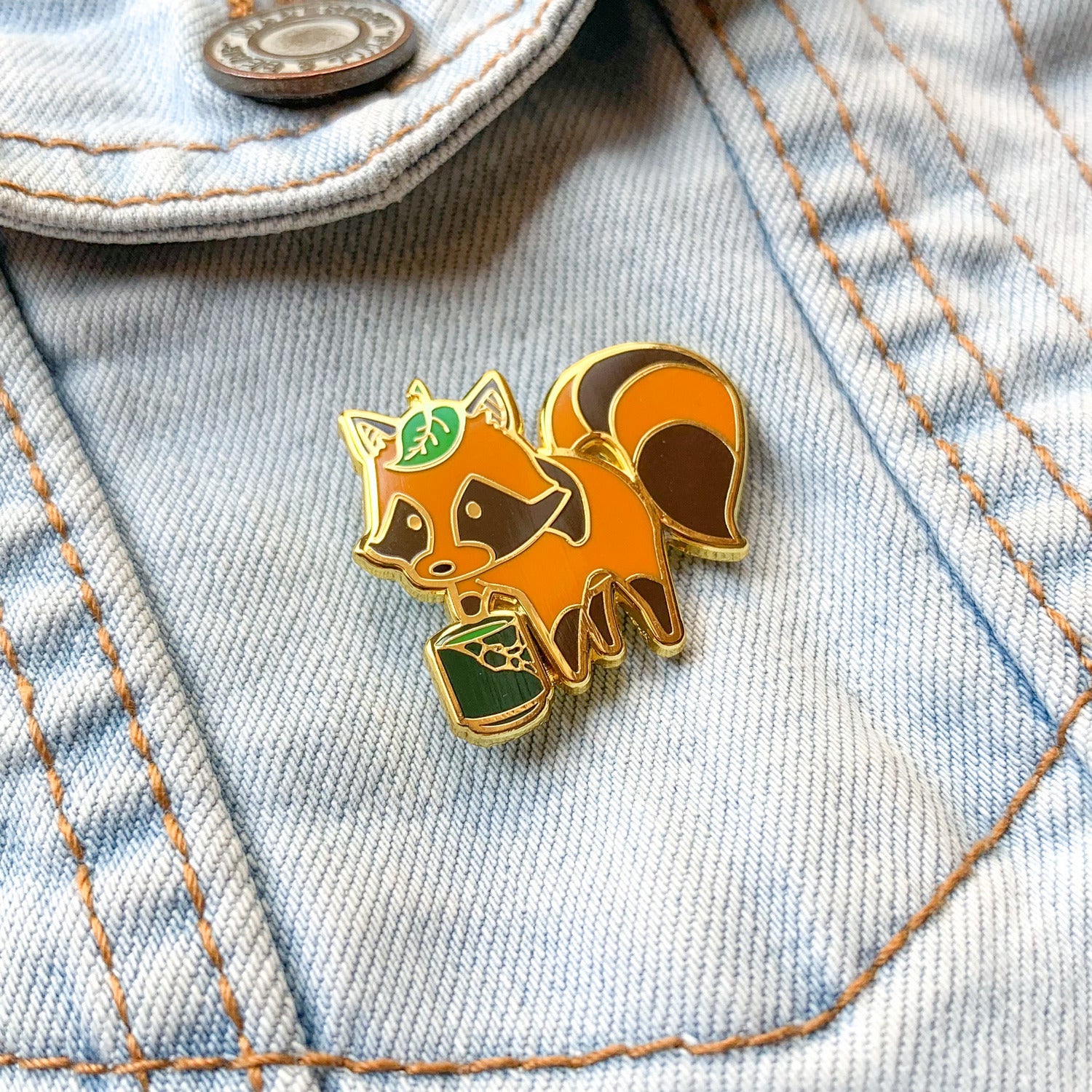 Tanuki and Matcha Tea Hard Enamel Pin by Cocktail Critters on Denim