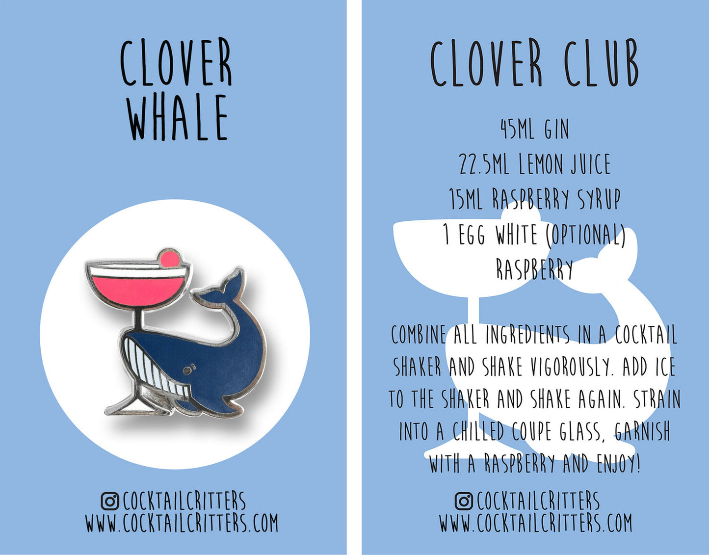 Blue Whale & Clover Club Cocktail Hard Enamel Pin by Cocktail Critters