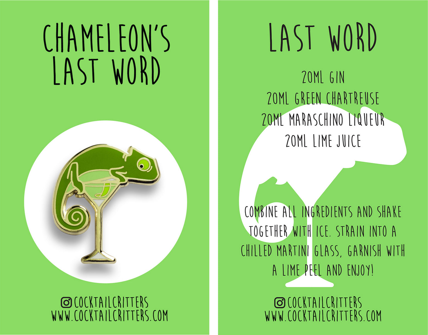 Chameleon & Last Word Cocktail Hard Enamel Pin by Cocktail Critters