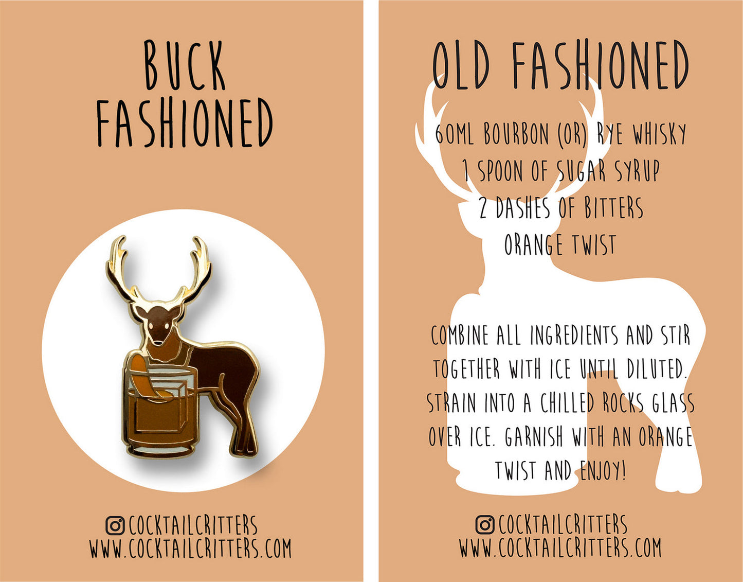 Deer & Old Fashioned Hard Enamel Pin by Cocktail Critters