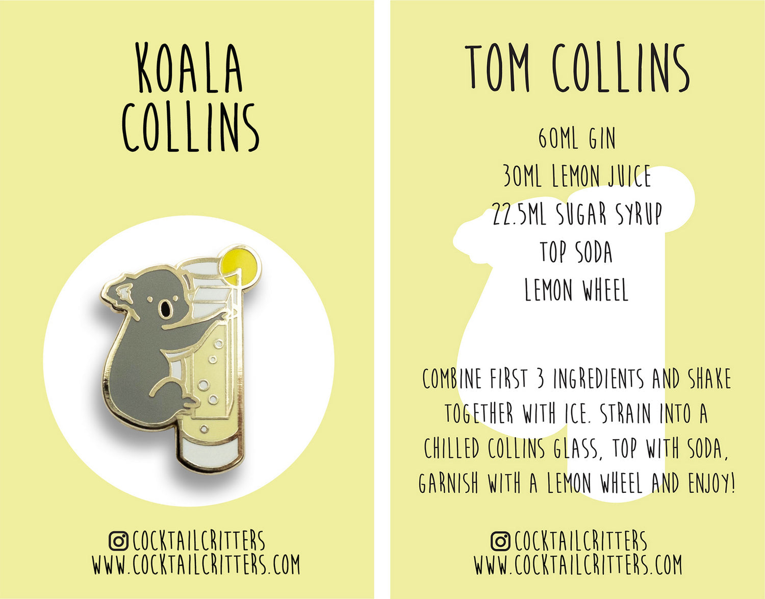 Koala & Tom Collins Cocktail Hard Enamel Pin by Cocktail Critters