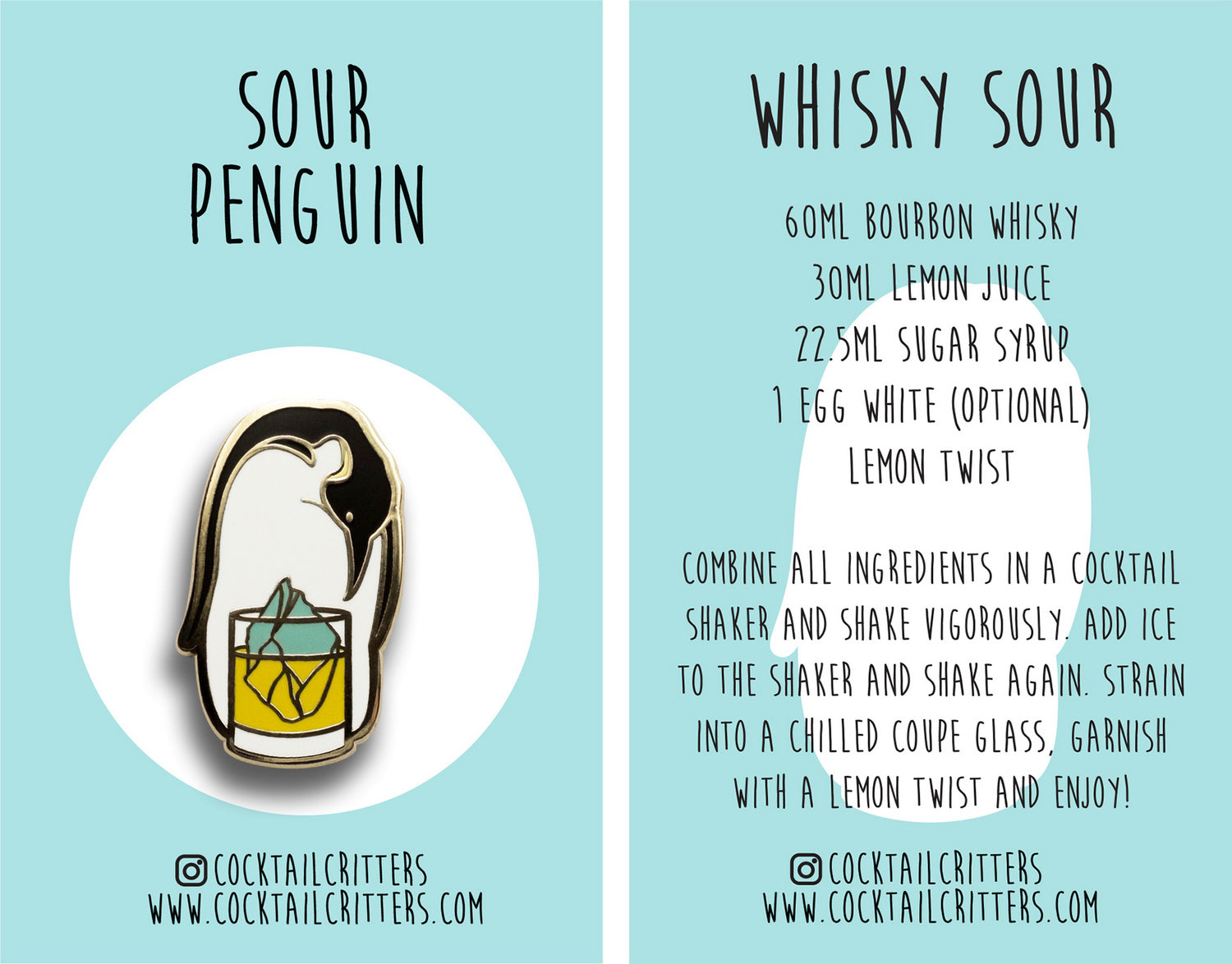 Penguin & Whisky Sour Cocktail Hard Enamel Pin by Cocktail Critters