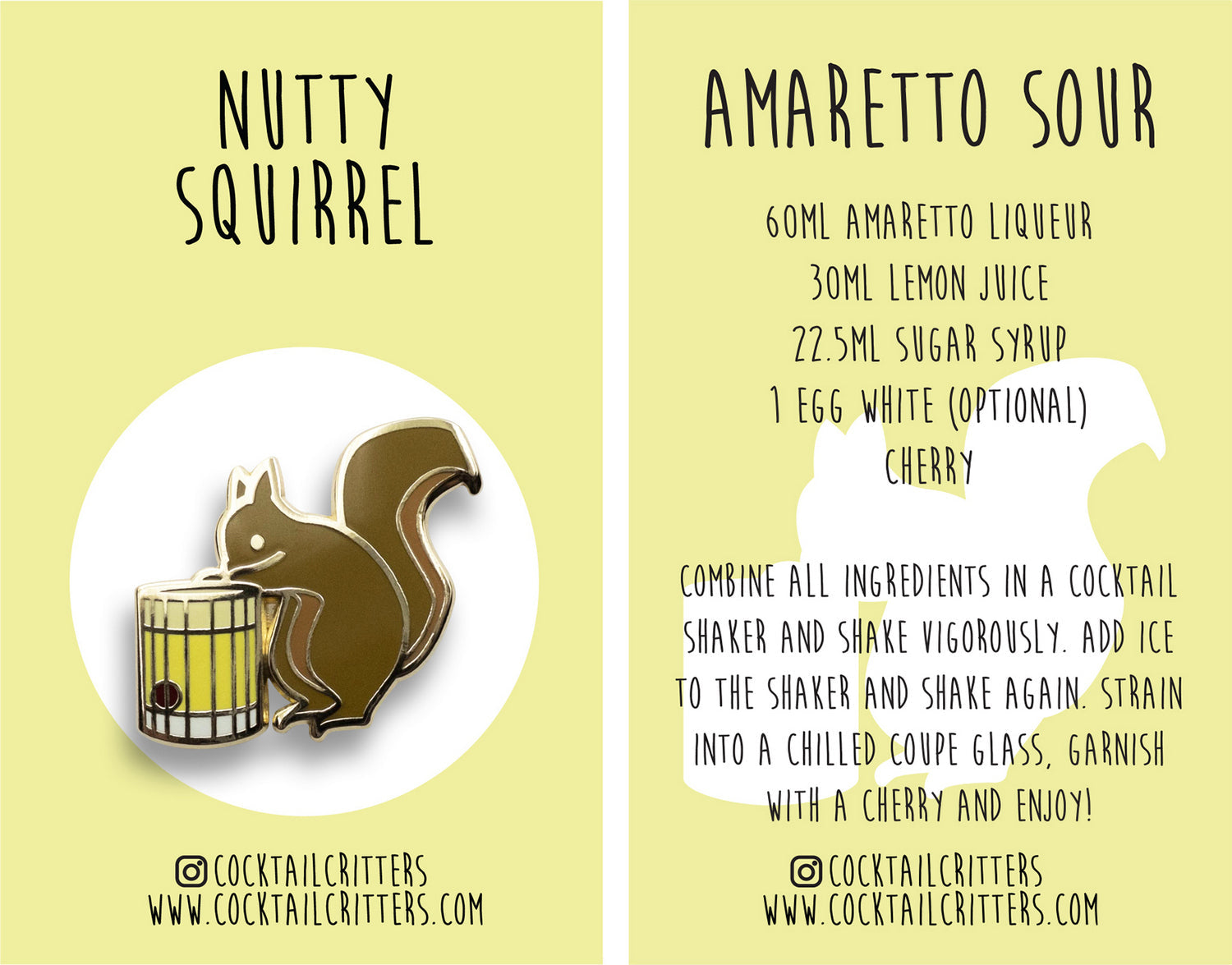 Squirrel & Amaretto Sour Cocktail Hard Enamel Pin by Cocktail Critters