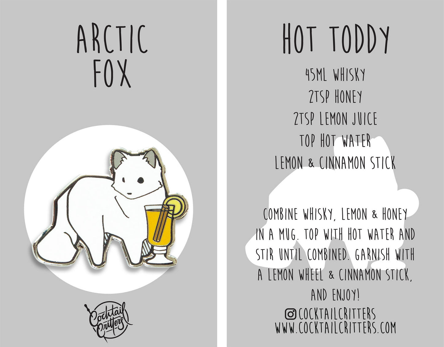 Arctic Fox & Hot Toddy Cocktail Hard Enamel Pin by Cocktail Critters