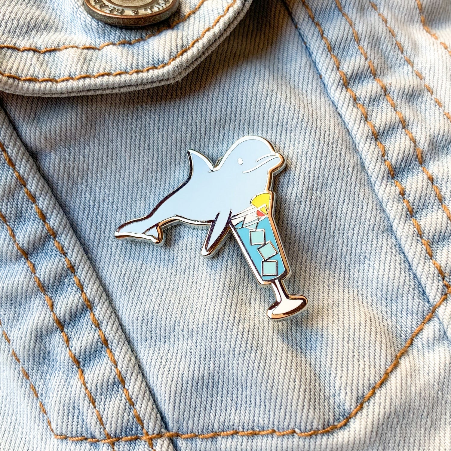 Hawaiian Dolphin & Blue Hawaiian Cocktail Hard Enamel Pin by Cocktail Critters