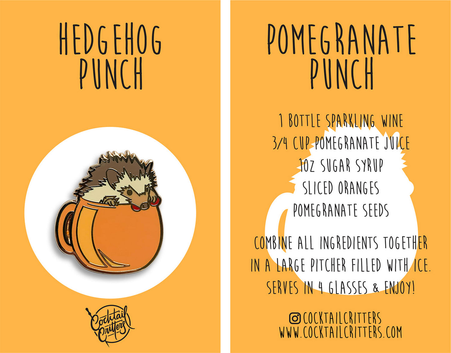 Hedgehog & Pomegranate Punch Cocktail Hard Enamel Pin by Cocktail Critters