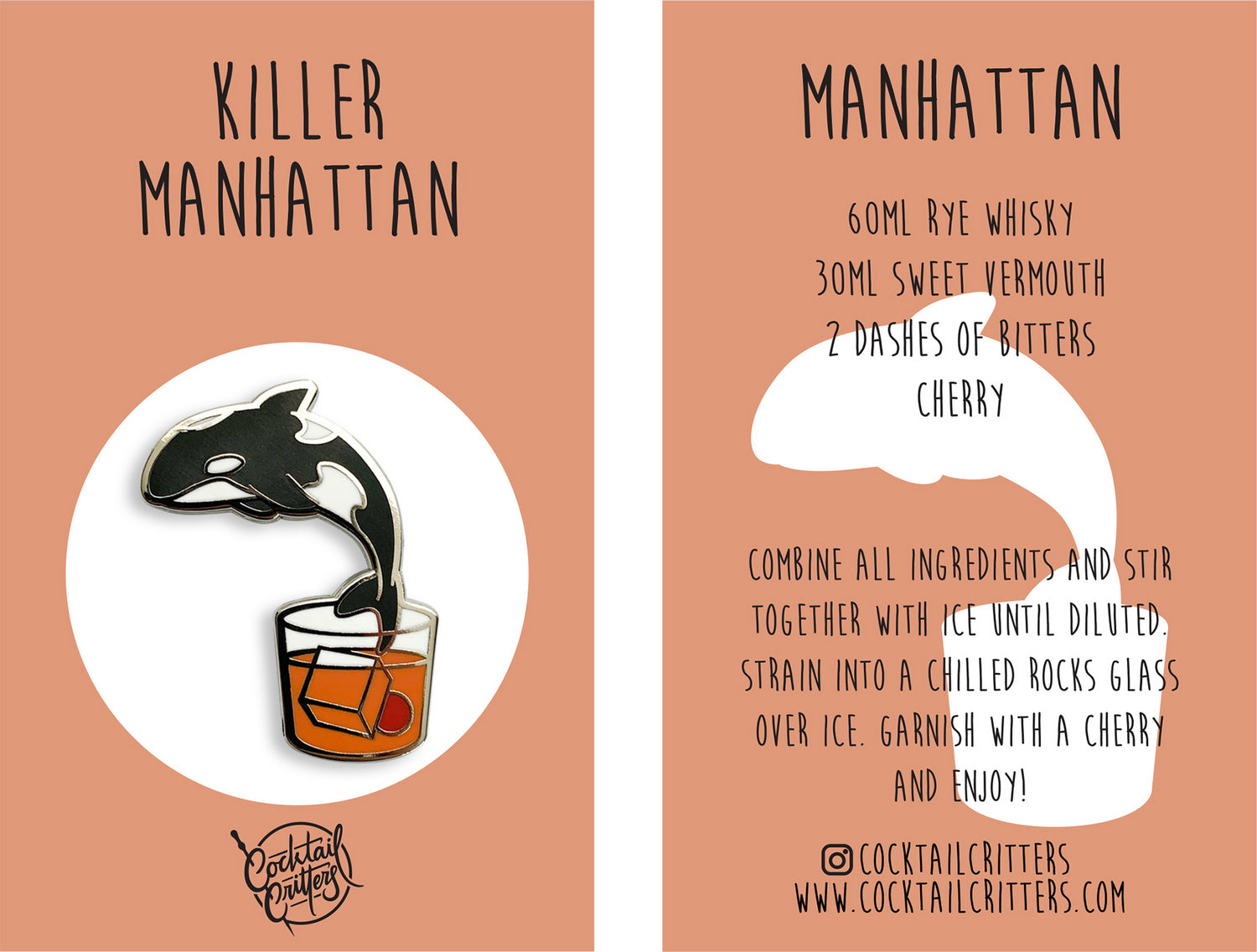 Killer Whale & Manhattan Cocktail Hard Enamel Pin by Cocktail Critters