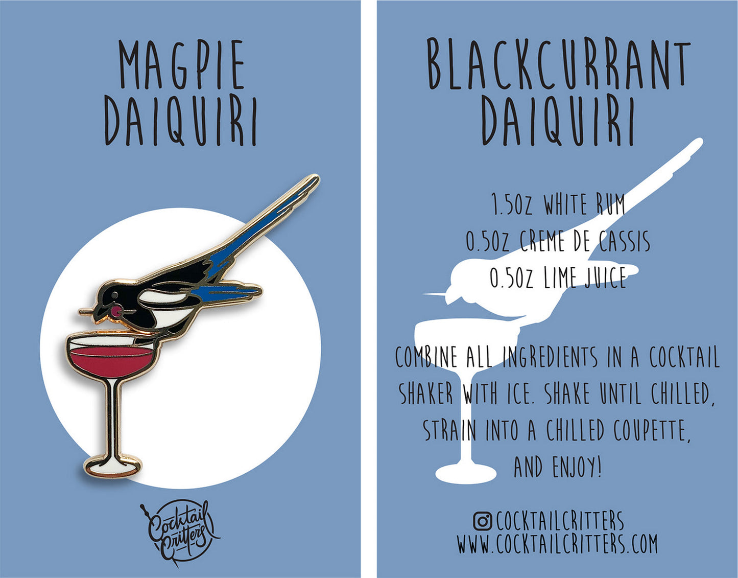 Magpie & Blackcurrant Daiquiri Cocktail Hard Enamel Pin by Cocktail Critters