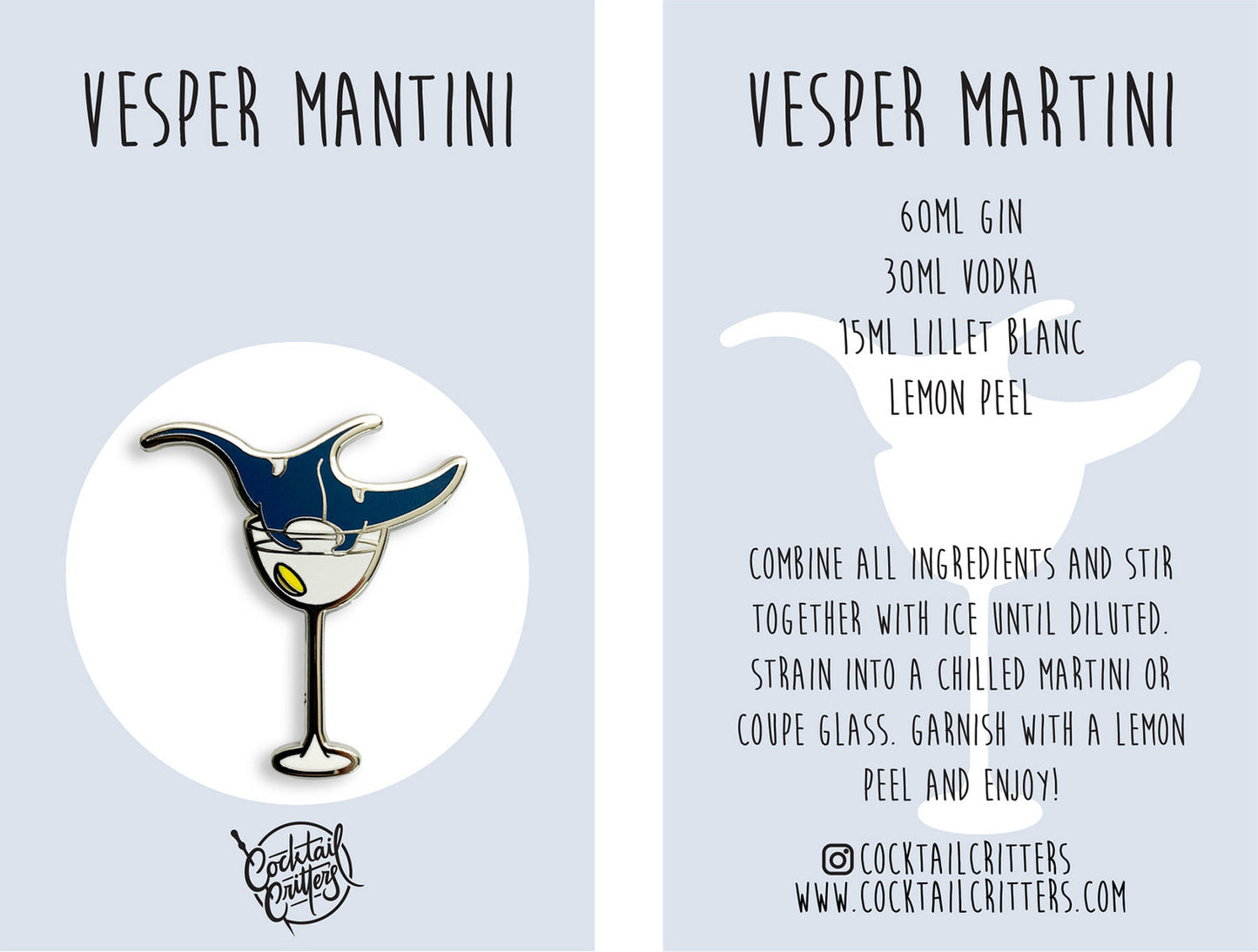 Manta Ray & Vesper Martini Cocktail Hard Enamel Pin by Cocktail Critters