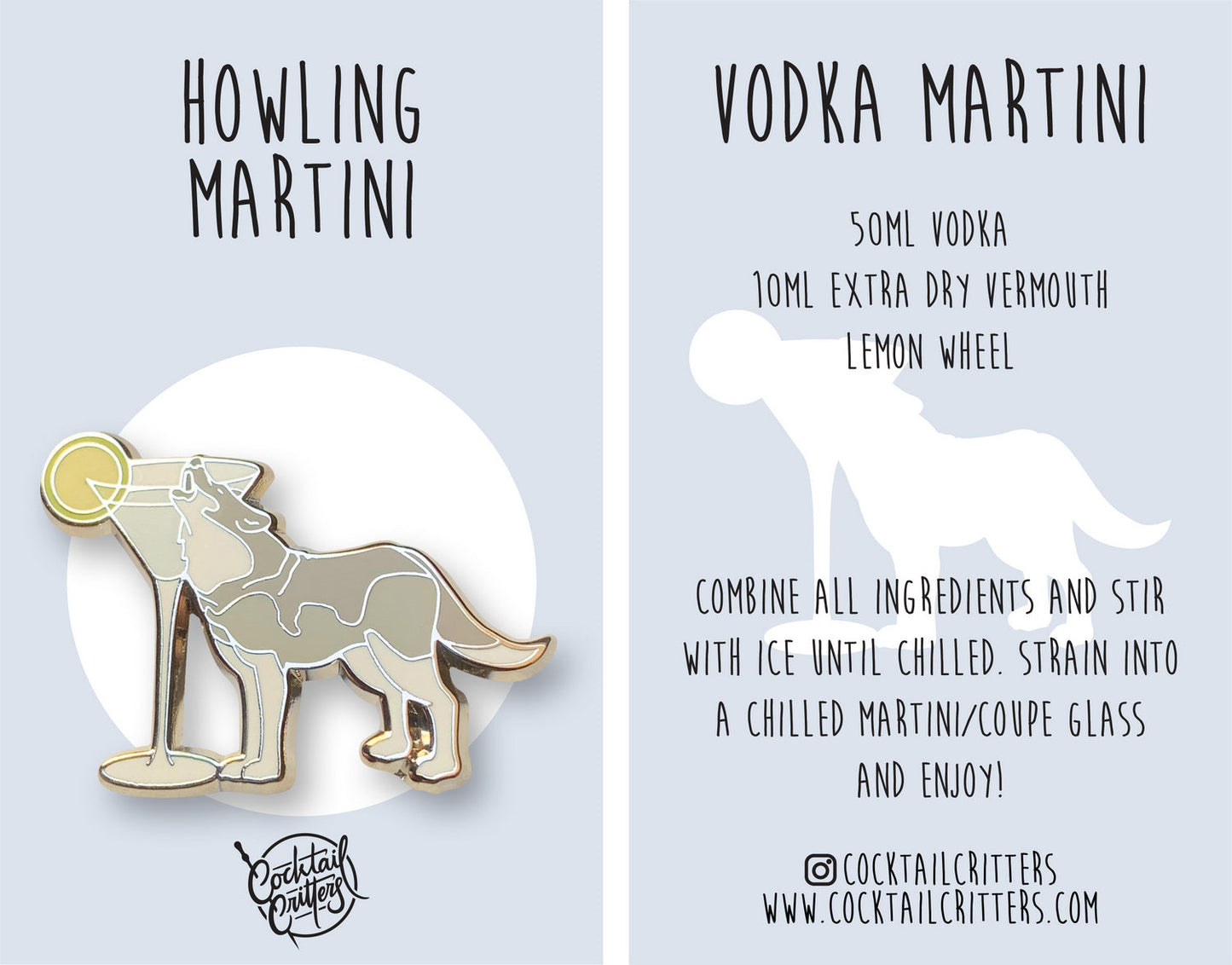 Howling Wolf & Vodka Martini Cocktail Enamel Pin by Cocktail Critters