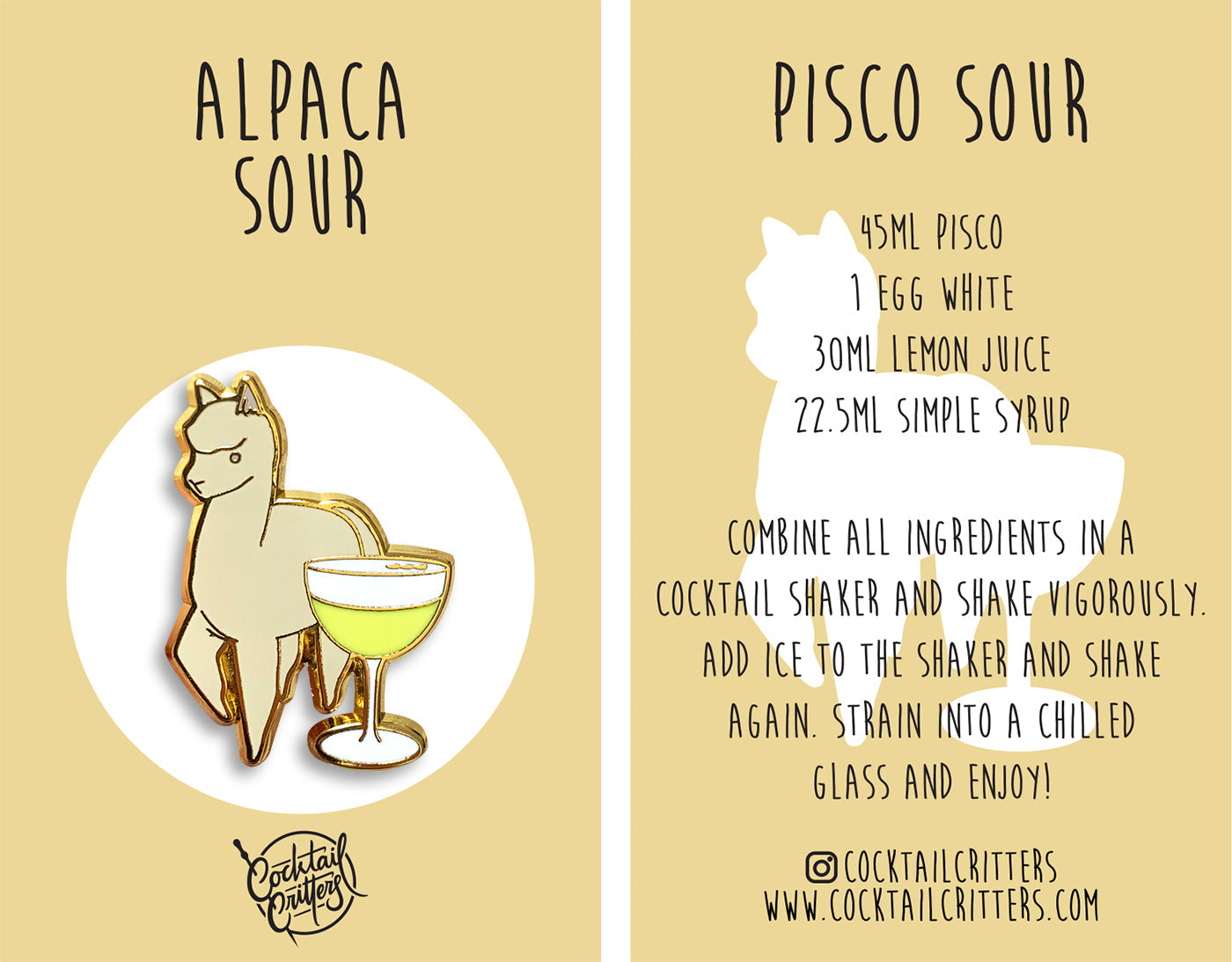 Alpaca & Pisco Sour Cocktail Hard Enamel Pin by Cocktail Critters